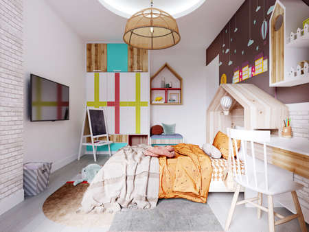 Modern nursery with white and brown wall and bed with orange blanket and headboard house and writing desk with shelves and multi-colored wardrobe. 3d rendering.の写真素材