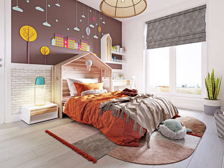 Modern nursery with white and brown wall and bed with orange blanket and headboard house and large window overlooking. 3d rendering.の素材 [FY310178542845]