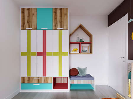 A multi-colored wardrobe with shelves with decor and a bench in the children's room. 3d rendering.の写真素材