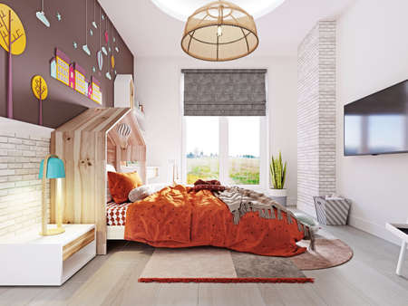 Modern nursery with white and brown wall and bed with orange blanket and headboard house and large window overlooking. 3d rendering.の写真素材