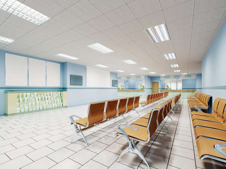 A waiting room in the clinic with orange chairs and light blue walls and white floors. 3d rendering.の写真素材