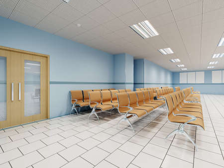 A waiting room in the clinic with orange chairs and light blue walls and white floors. 3d rendering.の写真素材