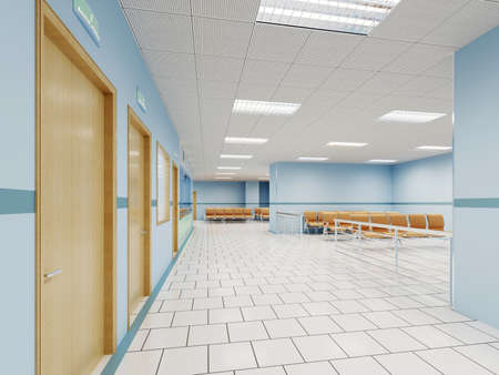 Corridor in the clinic with waiting areas for patients with an office for a doctor in white and blue with orange chairs. 3d rendering.の写真素材