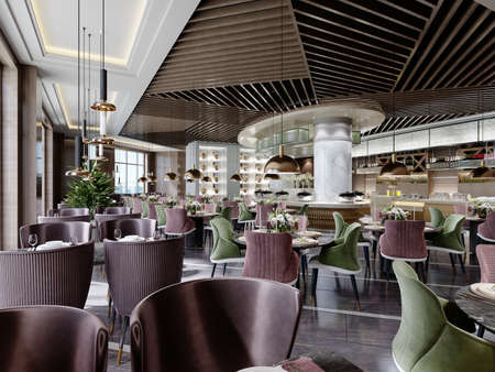 A chic restaurant with a modern design and trendy furniture in green and burgundy colors with a black floor and white columns. 3D rendering.の写真素材