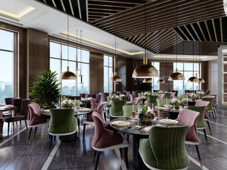 The design of the restaurant is in a modern style with a wooden pergola on the ceiling with a buffet area and colored chairs and a black marble floor. 3D rendering.の写真素材
