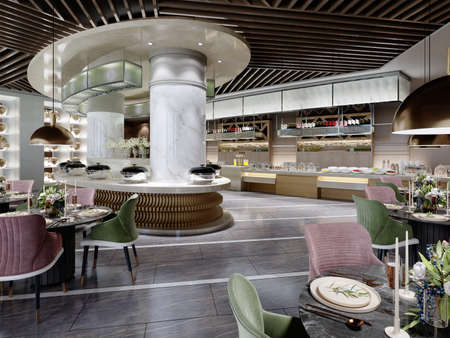 buffet restaurant design in a modern style with counters and different food on the tables. 3D rendering.の写真素材