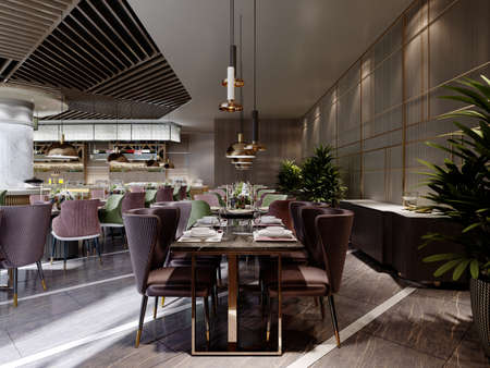 Modern furniture in the restaurant with served tables and colored chairs with green and burgundy colors. 3D rendering.の写真素材