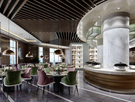 The design of the restaurant is in a modern style with a wooden pergola on the ceiling with a buffet area and colored chairs and a black marble floor. 3D rendering.の写真素材