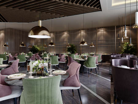 Modern furniture in the restaurant with served tables and colored chairs with green and burgundy colors. 3D rendering.の写真素材