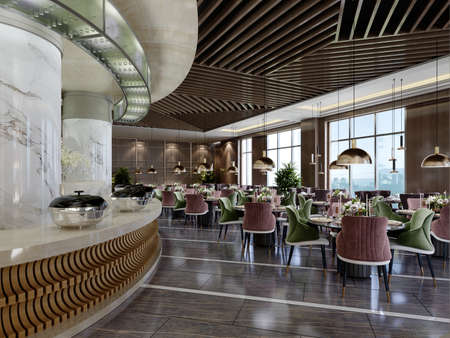 The design of the restaurant is in a modern style with a wooden pergola on the ceiling with a buffet area and colored chairs and a black marble floor. 3D rendering.の写真素材