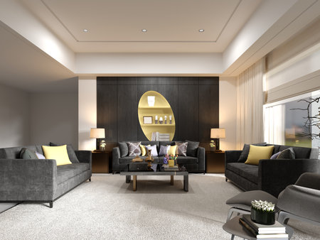 Living room design with gray upholstered furniture with wood paneling and a yellow niche with shelves. 3D rendering.の写真素材