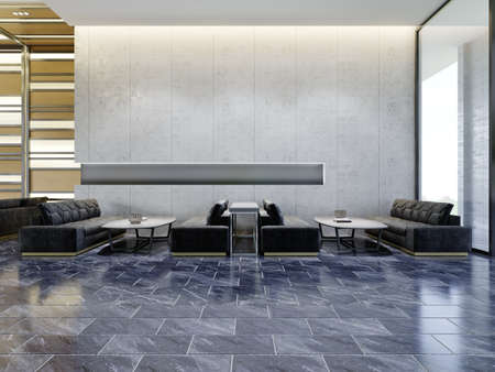 Black quilted sofas in the waiting area against a concrete wall with a niche. 3D rendering.