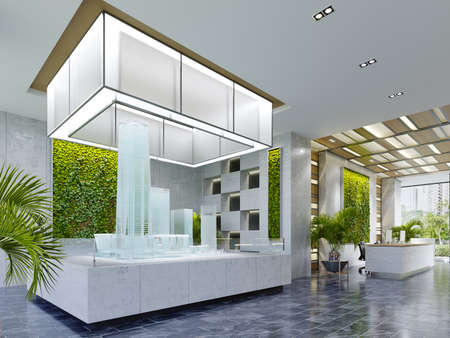 Real estate sales office with large glass building mock-up illuminated from above in modern interior. 3D rendering.の写真素材
