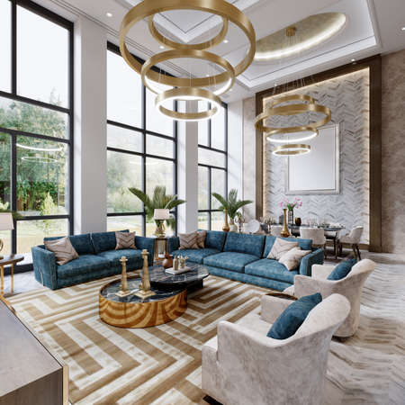 Huge modern living room with large windows and high ceilings with seating area and TV area and...