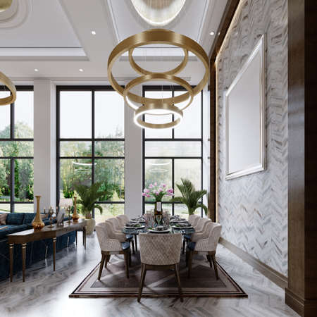 Luxurious dining room next to a large window with a beautiful view and a large marble table and soft quilted chairs. 3D rendering.の写真素材