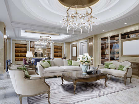 Luxurious sitting area in the living room with classic beige soft and wood furnishings in the living room and dining area. 3D rendering.の写真素材