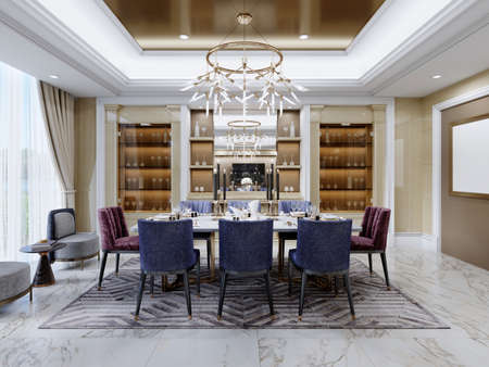 Luxurious dining area in a modern interior with a white table and burgundy and blue upholstered chairs near the shelves with glassware for serving. 3D rendering.の写真素材
