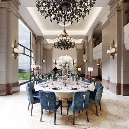 Large luxurious dining table in the large living room with high ceilings in a modern classic style with blue chairs and a white table. 3D rendering.の写真素材