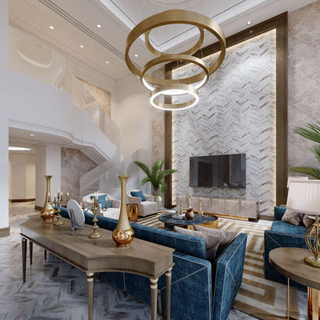 Luxurious living room seating area with blue upholstered furniture in a white interior with high ceilings and large windows with beautiful views. 3D rendering.の写真素材