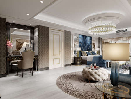 Large classic trendy bedroom with blue sofa and bed with headboard and light beige walls. 3D rendering.の写真素材