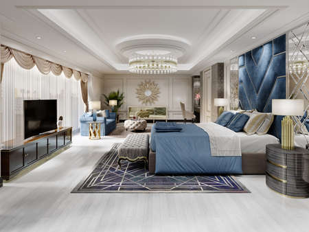 Large classic trendy bedroom with blue sofa and bed with headboard and light beige walls. 3D rendering.の写真素材
