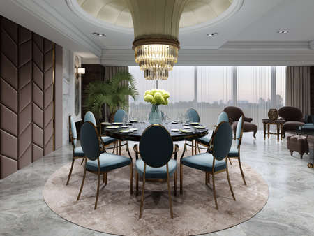 Round dining table with ten blue chairs in a modern luxury interior with round ceiling and brown carpet. 3D rendering.の写真素材