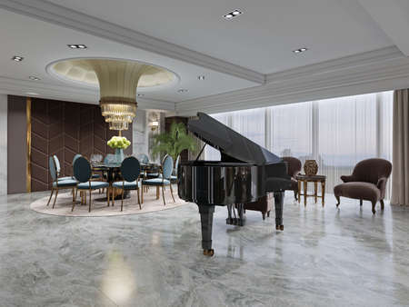 A seating area with brown armchairs in front of a black grand piano and a seating area in a luxurious interior. 3D rendering.の写真素材