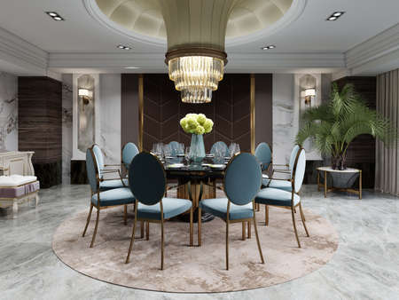 Round dining table with ten blue chairs in a modern luxury interior with round ceiling and brown carpet. 3D rendering.の写真素材