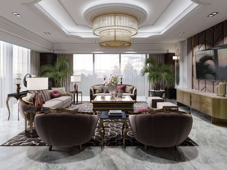 Luxurious living room with seating area with brown designer soft furnishings and wooden coffee table and decor console. 3D rendering.の写真素材