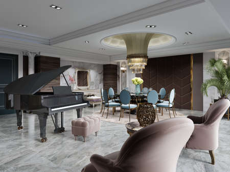 A seating area with brown armchairs in front of a black grand piano and a seating area in a luxurious interior. 3D rendering.の写真素材