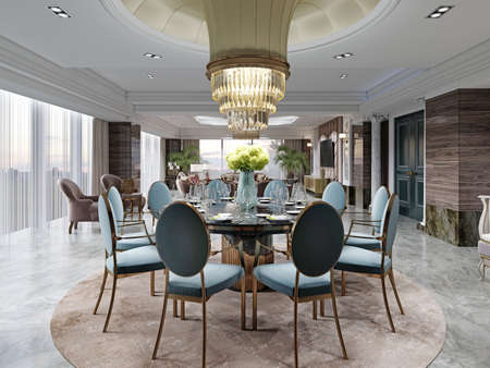 Round dining table with ten blue chairs in a modern luxury interior with round ceiling and brown carpet. 3D rendering.の写真素材
