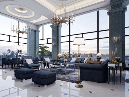 Large luxury classic living room interior with seating area and dining table with blue walls and blue furniture and white marble floor and large windows. 3D rendering.の写真素材