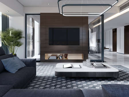 Contemporary living room and wooden TV wall with a copper niche with decor and a large gray corner...