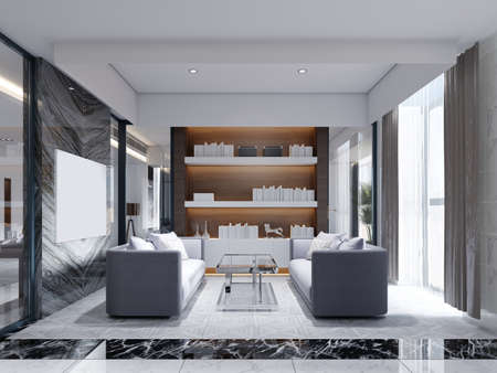 Glazed meeting room and library with two sofas and a magazine table with marble and wood floors. 3d rendering.の写真素材