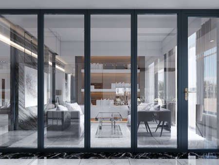 Glazed meeting room and library with two sofas and a magazine table with marble and wood floors. 3d...
