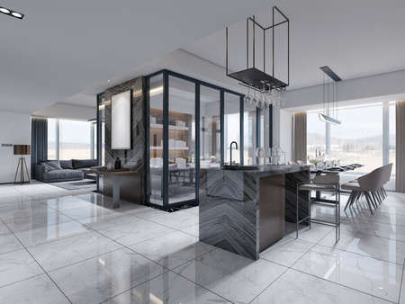 Contemporary interior dining area with glass table and bar counter with sink. 3d rendering.の写真素材