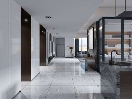 A wide hallway corridor in an apartment with white walls and floors with brown wooden niches with...
