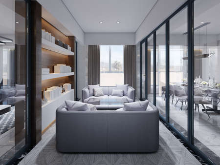 Glazed meeting room and library with two sofas and a magazine table with marble and wood floors. 3d rendering.の写真素材