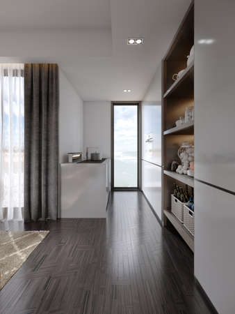 Small narrow kitchenette with white furniture and niche decor with a ceiling to floor window in a contemporary style. 3D rendering.の写真素材