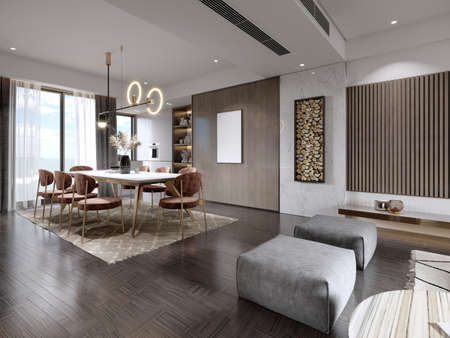 Contemporary dining room view from the living room with wood paneling on the walls and two gray ottomans. 3D rendering.の写真素材