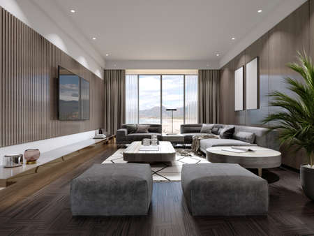 Contemporary living room with wood paneling on the walls and wood slats with gray corner sofa and square ottomans. 3D rendering.の写真素材