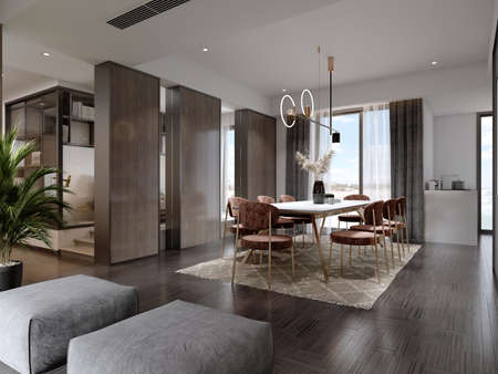 Contemporary dining room view from the living room with wood paneling on the walls and two gray ottomans. 3D rendering.の写真素材