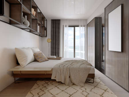 Bedroom with metal square shelves with decor. 3D rendering.の写真素材