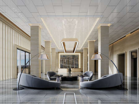 Waiting area in the foyer with a semicircular gray sofa and armchairs with a curved floor lamp in the interior with yellow marble with columns and high ceilings. 3D rendering.の写真素材