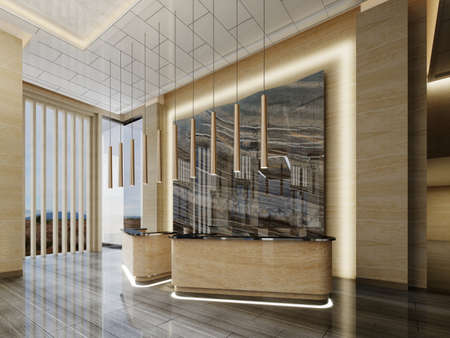 Reception area with two reception desks with black marble panel illuminated in a modern interior with yellow marble and columns with high ceilings. 3D rendering.の写真素材