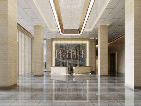 Reception area with two reception desks with black marble panel illuminated in a modern interior with yellow marble and columns with high ceilings. 3D rendering.の写真素材