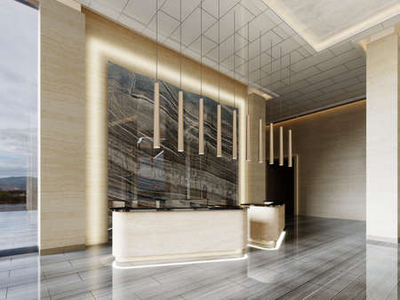 Reception area with two reception desks with black marble panel illuminated in a modern interior with yellow marble and columns with high ceilings. 3D rendering.の写真素材