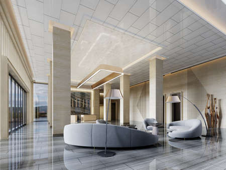 Waiting area in the foyer with a semicircular gray sofa and armchairs with a curved floor lamp in the interior with yellow marble with columns and high ceilings. 3D rendering.の写真素材