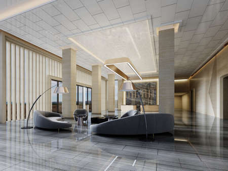 Waiting area in the foyer with a semicircular gray sofa and armchairs with a curved floor lamp in the interior with yellow marble with columns and high ceilings. 3D rendering.の写真素材