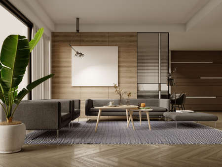 Contemporary style living room evening interior with wood panel wall with picture and fashionable...